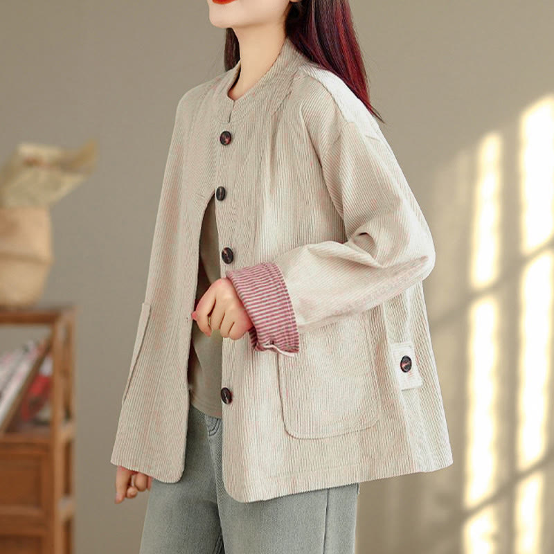 Nimara Ritual Buttons Design Corduroy Long Sleeve Women's Jacket With Pockets