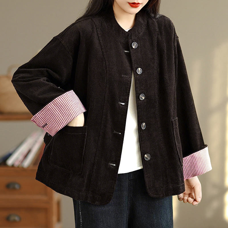 Nimara Ritual Buttons Design Corduroy Long Sleeve Women's Jacket With Pockets