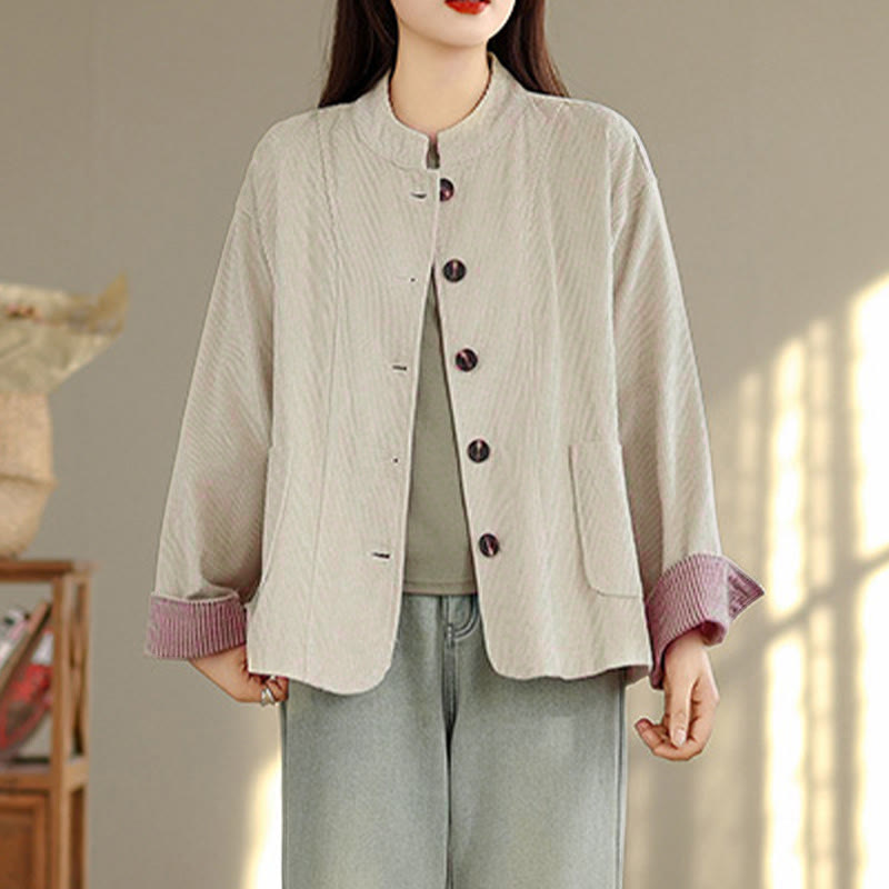 Nimara Ritual Buttons Design Corduroy Long Sleeve Women's Jacket With Pockets