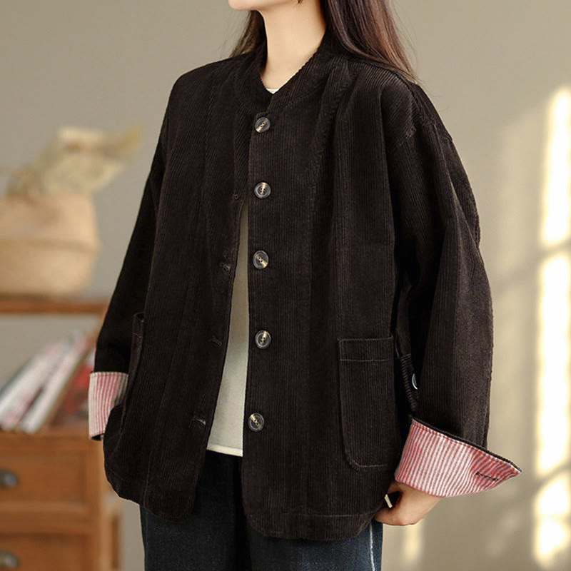 Nimara Ritual Buttons Design Corduroy Long Sleeve Women's Jacket With Pockets