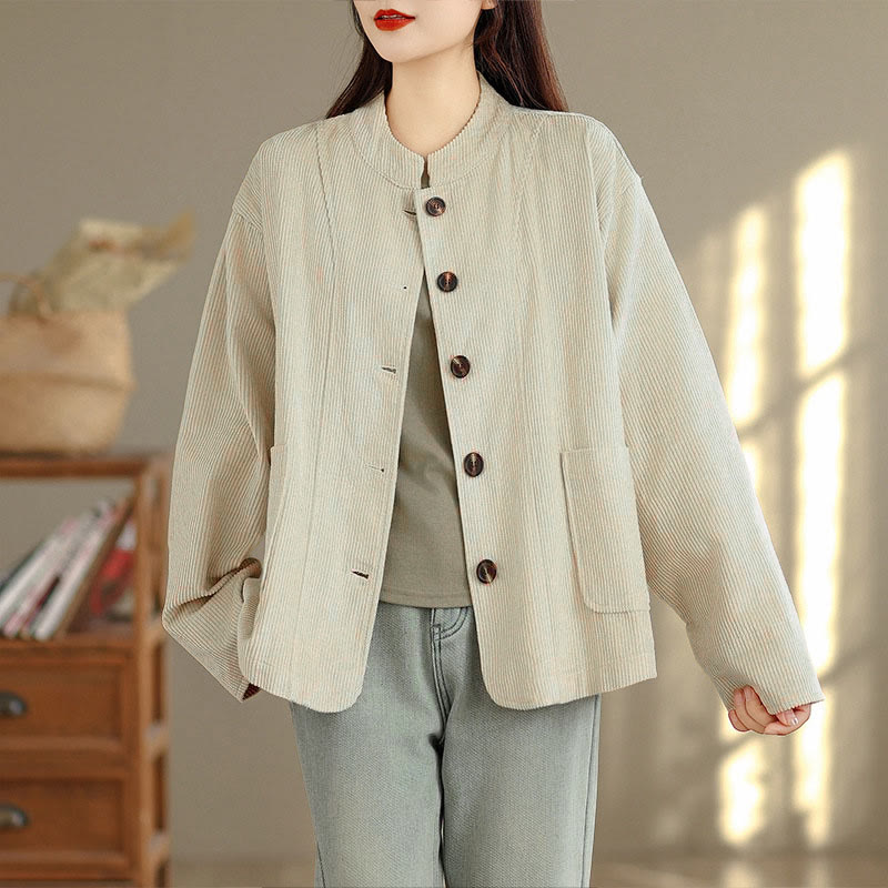 Nimara Ritual Buttons Design Corduroy Long Sleeve Women's Jacket With Pockets