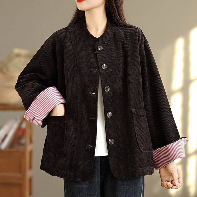 Nimara Ritual Buttons Design Corduroy Long Sleeve Women's Jacket With Pockets