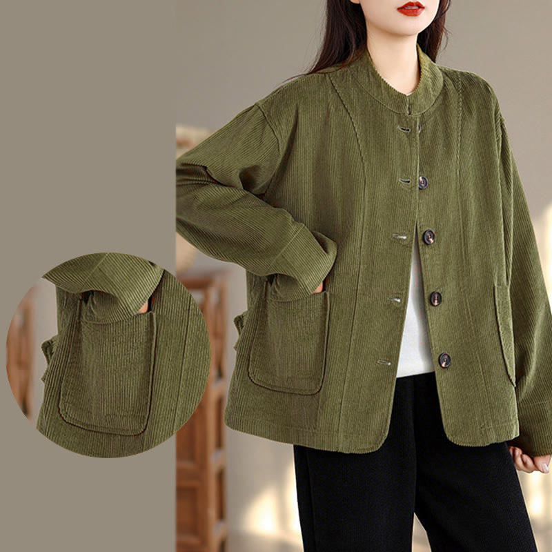 Nimara Ritual Buttons Design Corduroy Long Sleeve Women's Jacket With Pockets