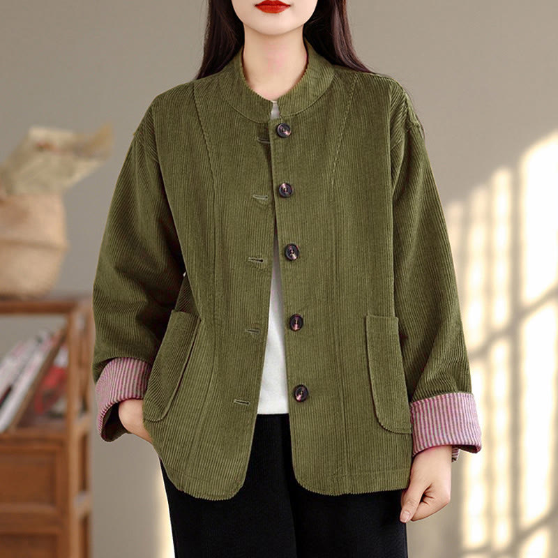 Nimara Ritual Buttons Design Corduroy Long Sleeve Women's Jacket With Pockets