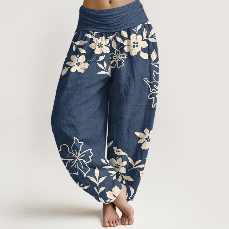 Nimara Ritual Cotton Retro Simple Flowers Leaves Pattern Women's Elastic Waist Harem Pants