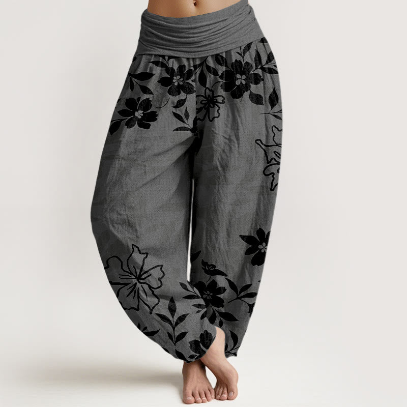 Nimara Ritual Cotton Retro Simple Flowers Leaves Pattern Women's Elastic Waist Harem Pants