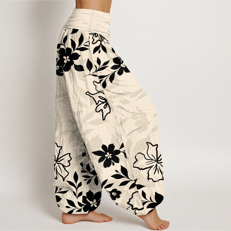 Nimara Ritual Cotton Retro Simple Flowers Leaves Pattern Women's Elastic Waist Harem Pants