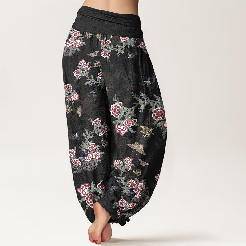 Nimara Ritual Cotton Flowers Leaves Butterfly Pattern Women's Elastic Waist Harem Pants