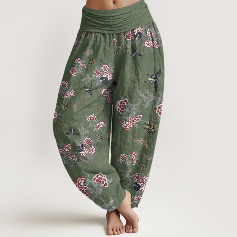 Nimara Ritual Cotton Flowers Leaves Butterfly Pattern Women's Elastic Waist Harem Pants