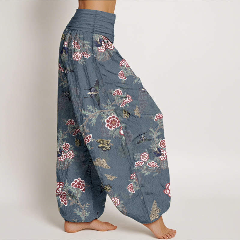 Nimara Ritual Cotton Flowers Leaves Butterfly Pattern Women's Elastic Waist Harem Pants