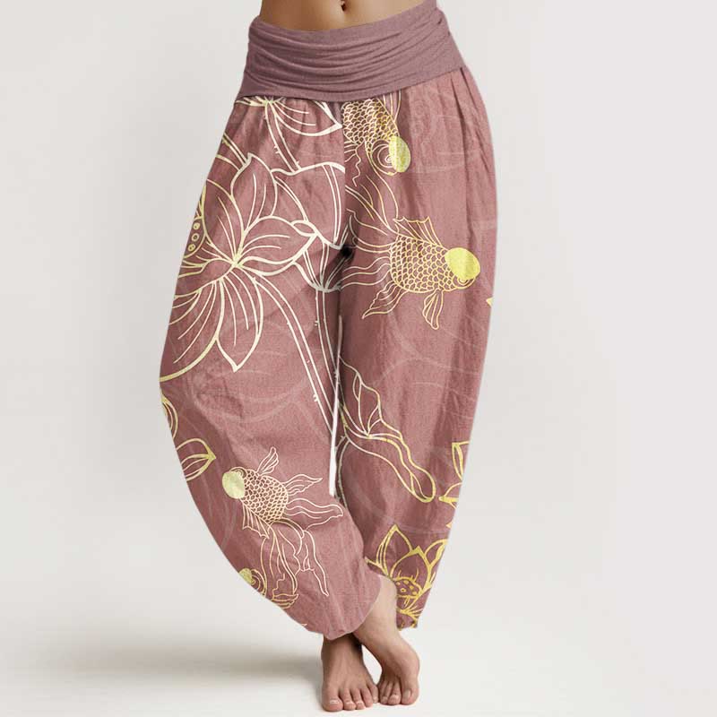 Nimara Ritual Cotton Lotus Leaf Koi Fish Women's Elastic Waist Harem Pants