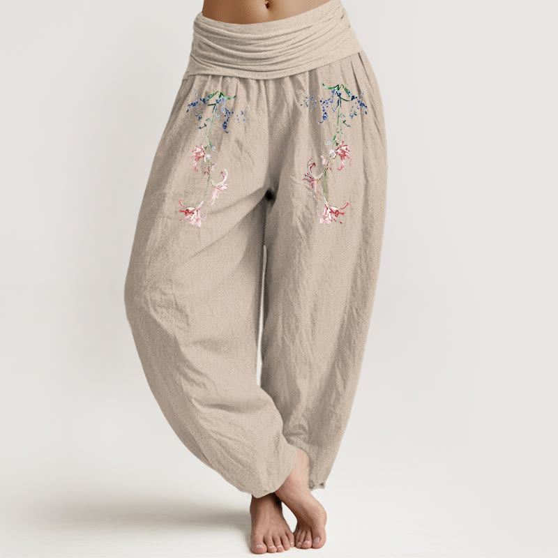 Nimara Ritual Pure Cotton Simple Pastel Flower Pattern Women's Elastic Waist Harem Pants