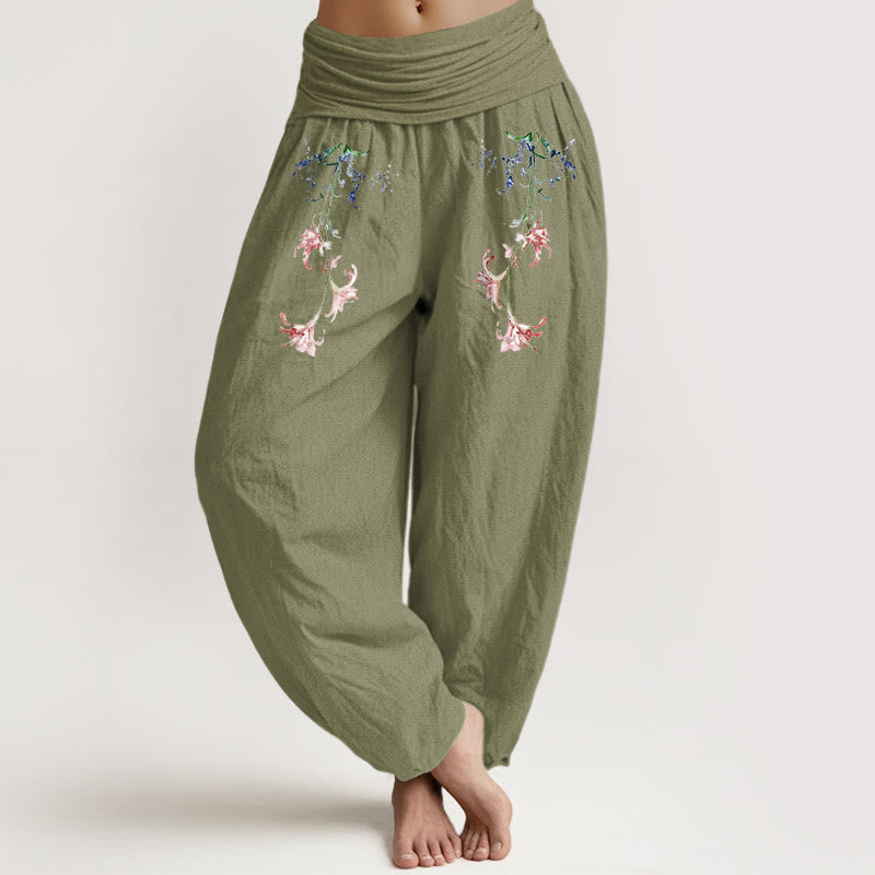 Nimara Ritual Pure Cotton Simple Pastel Flower Pattern Women's Elastic Waist Harem Pants