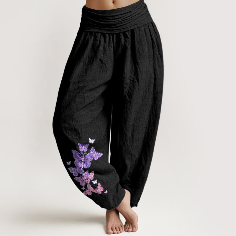 Nimara Ritual Pure Cotton Pastel Butterfly Pattern Women's Elastic Waist Harem Pants