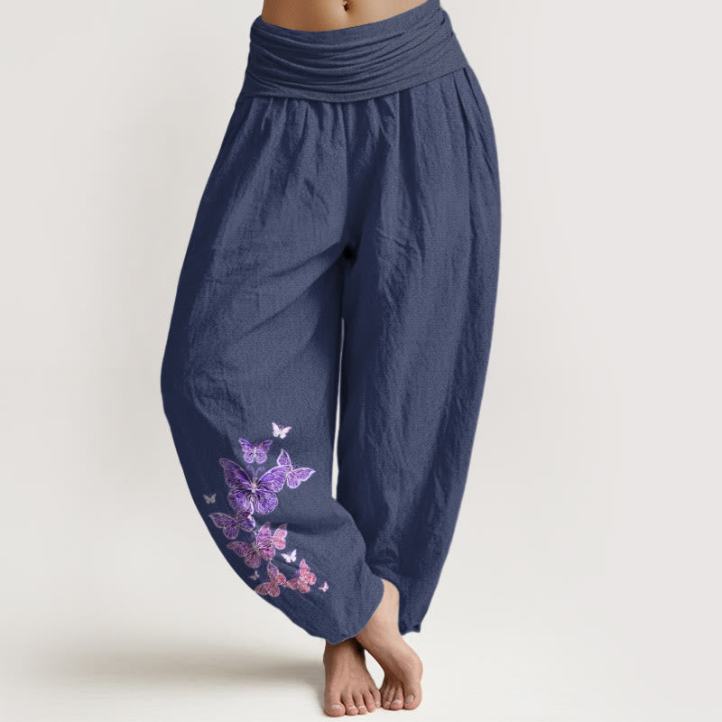 Nimara Ritual Pure Cotton Pastel Butterfly Pattern Women's Elastic Waist Harem Pants