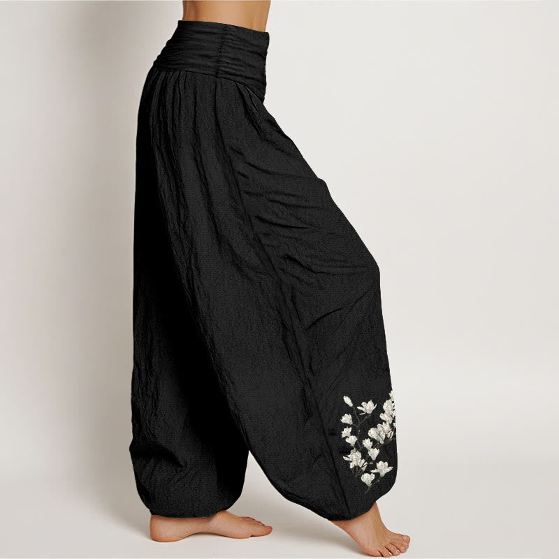 Nimara Ritual Pure Cotton Simple Magnolia Flower Pattern Women's Elastic Waist Harem Pants