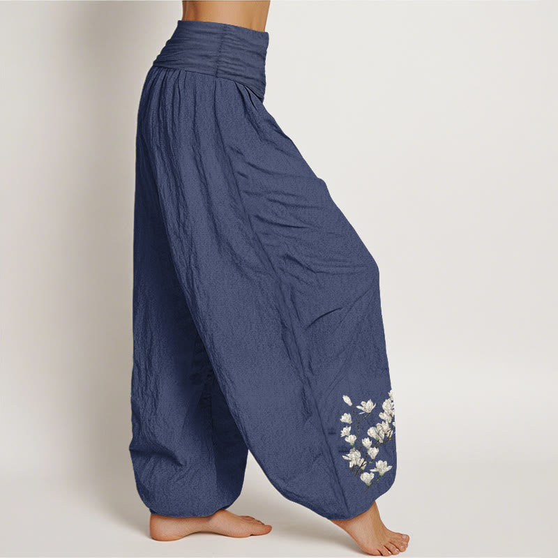 Nimara Ritual Pure Cotton Simple Magnolia Flower Pattern Women's Elastic Waist Harem Pants