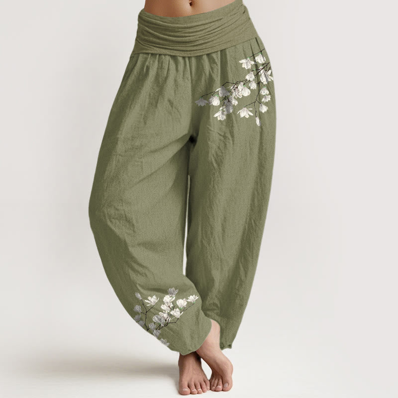 Nimara Ritual Pure Cotton Simple Magnolia Flower Pattern Women's Elastic Waist Harem Pants