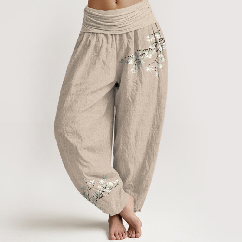 Nimara Ritual Pure Cotton Simple Magnolia Flower Pattern Women's Elastic Waist Harem Pants