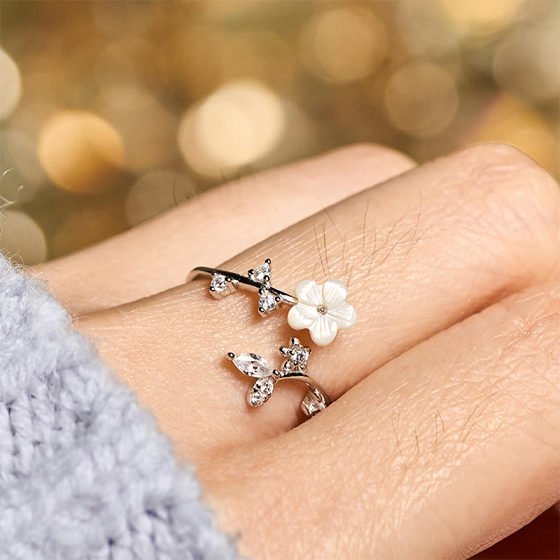 Nimara Ritual 925 Sterling Silver White Flower Design Adjustable Blessing Ring