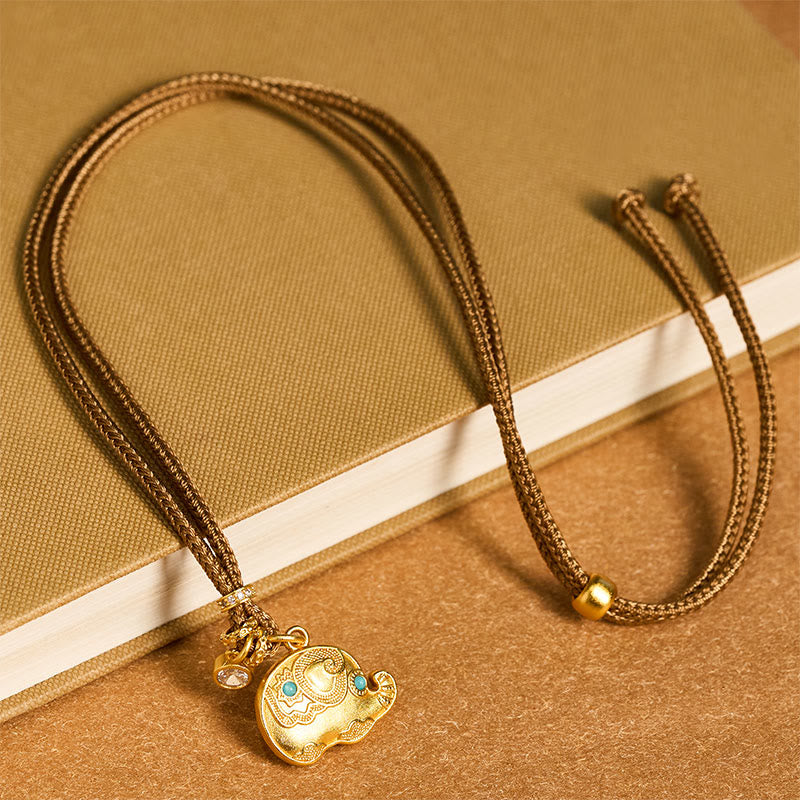 Nimara Ritual 24k Gold Plated Brass Elephant Symbol Braided Cord Strength Necklace Pendant