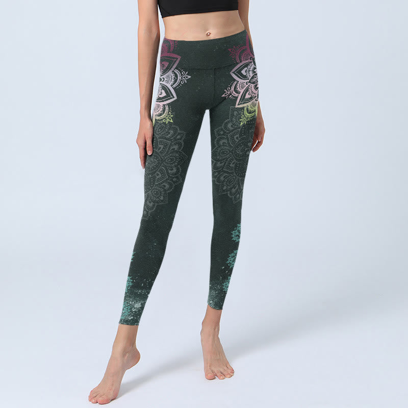 Nimara Ritual Symmetry Mandalas Lotus Flowers Pattern Print Gym Leggings Women's Yoga Pants