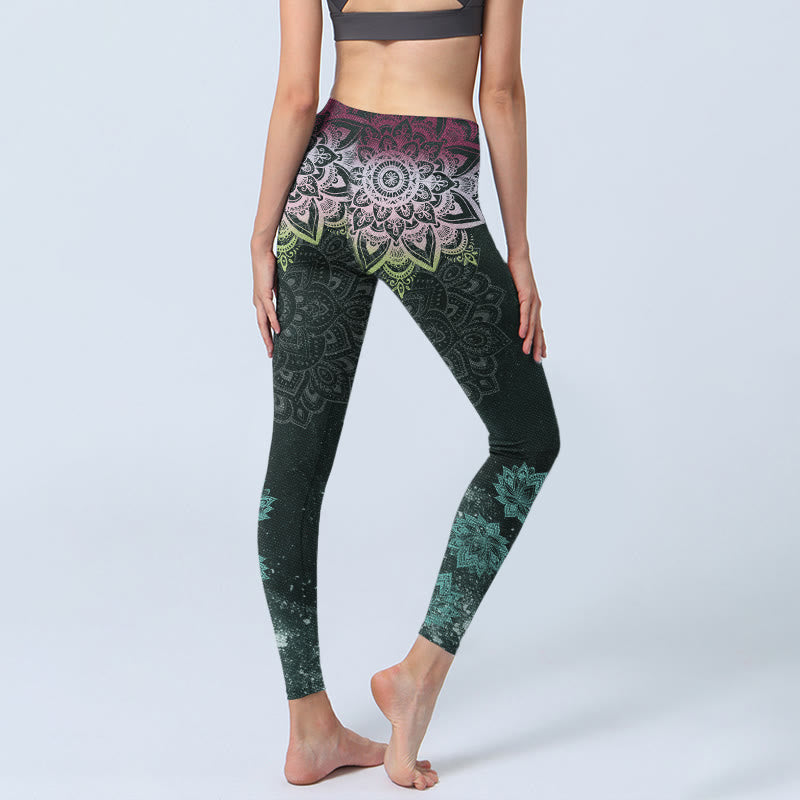 Nimara Ritual Symmetry Mandalas Lotus Flowers Pattern Print Gym Leggings Women's Yoga Pants
