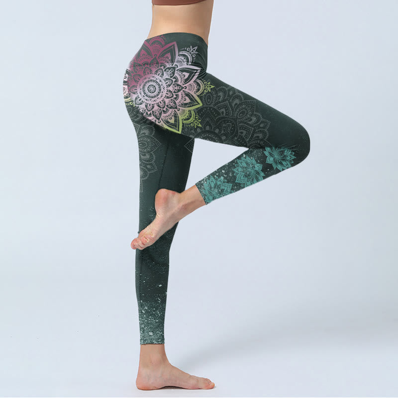 Nimara Ritual Symmetry Mandalas Lotus Flowers Pattern Print Gym Leggings Women's Yoga Pants