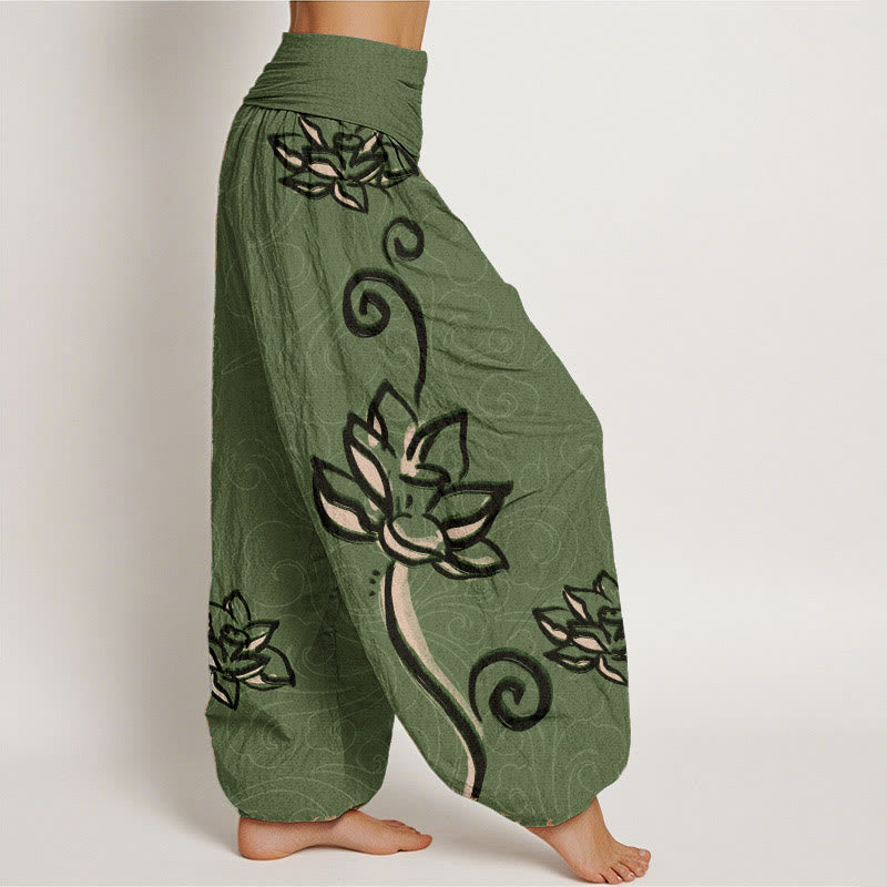 Nimara Ritual Cotton Casual Lotus Auspicious Clouds Design Women's Elastic Waist Harem Pants
