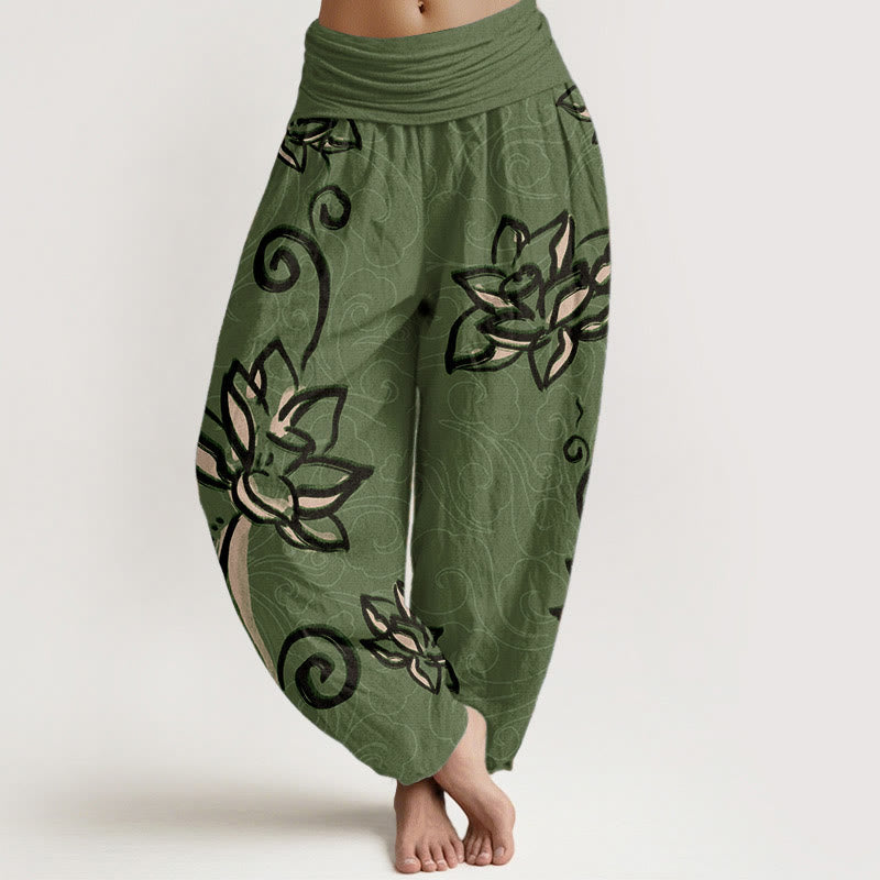 Nimara Ritual Cotton Casual Lotus Auspicious Clouds Design Women's Elastic Waist Harem Pants