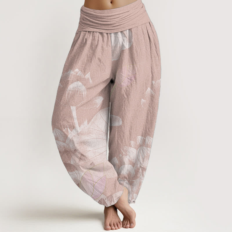 Nimara Ritual Cotton Pink And White Lotus Women's Elastic Waist Harem Pants