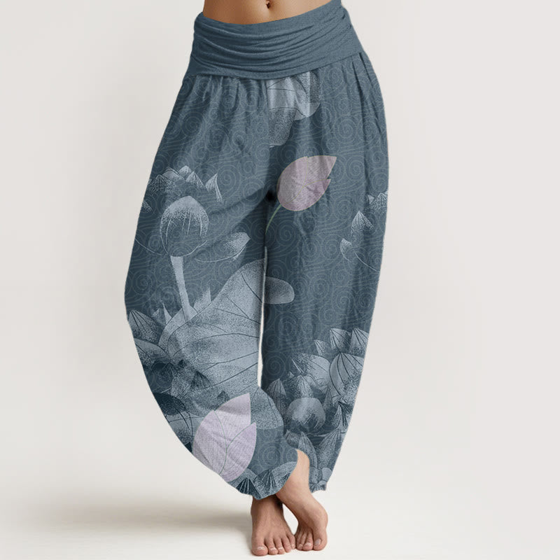 Nimara Ritual Cotton Pink And White Lotus Women's Elastic Waist Harem Pants