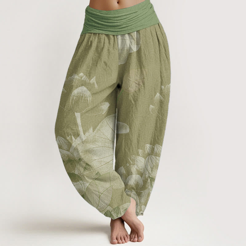Nimara Ritual Cotton Pink And White Lotus Women's Elastic Waist Harem Pants