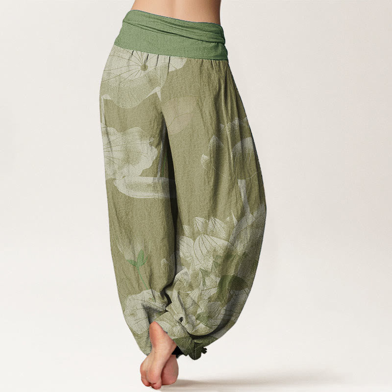 Nimara Ritual Cotton Pink And White Lotus Women's Elastic Waist Harem Pants