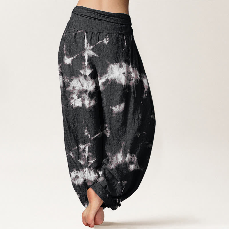 Nimara Ritual Cotton White Lines Spots Tie-Dye Pattern Women's Elastic Waist Harem Pants