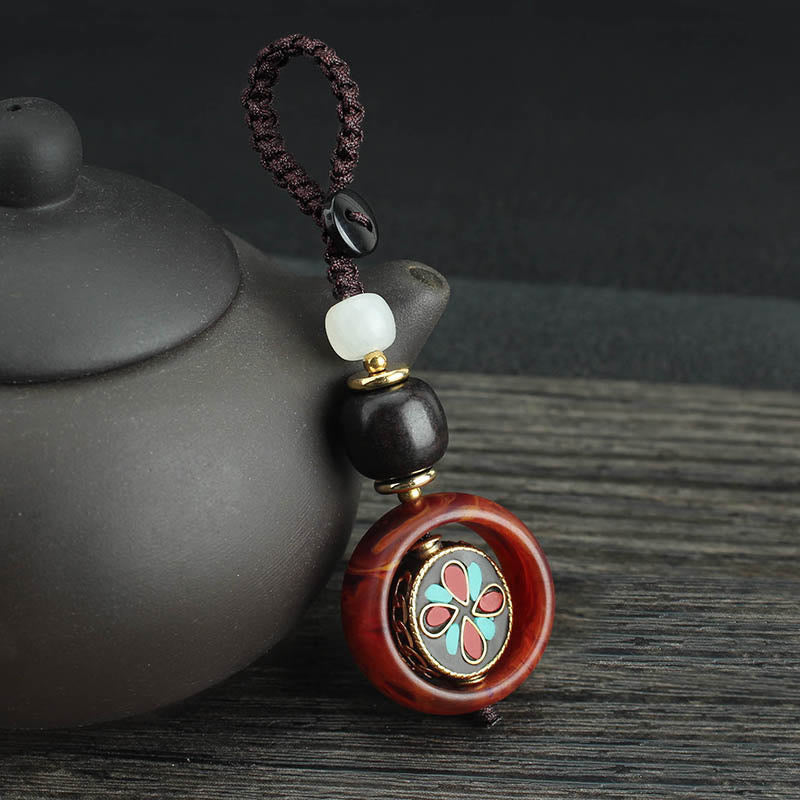 Nimara Ritual Ebony Wood Sanskrit Four-leaf Clover Buddha's Eye Peace Rotatable Key Chain