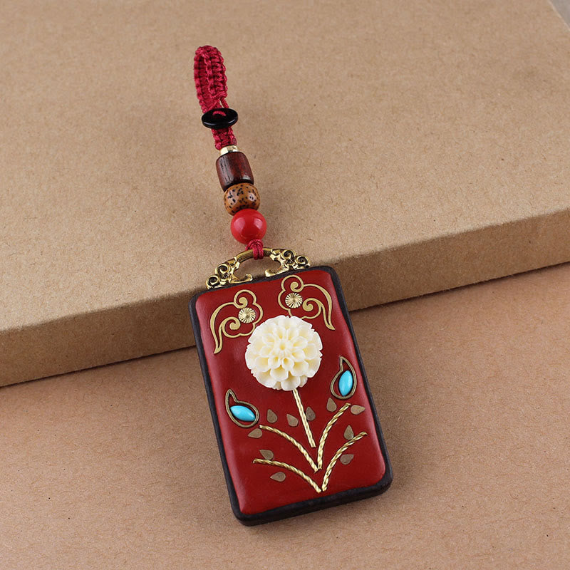 Nimara Ritual Ebony Flower Koi Fish Fu Character Button Rope Key Chain