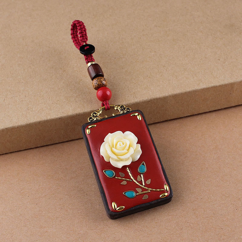 Nimara Ritual Ebony Flower Koi Fish Fu Character Button Rope Key Chain