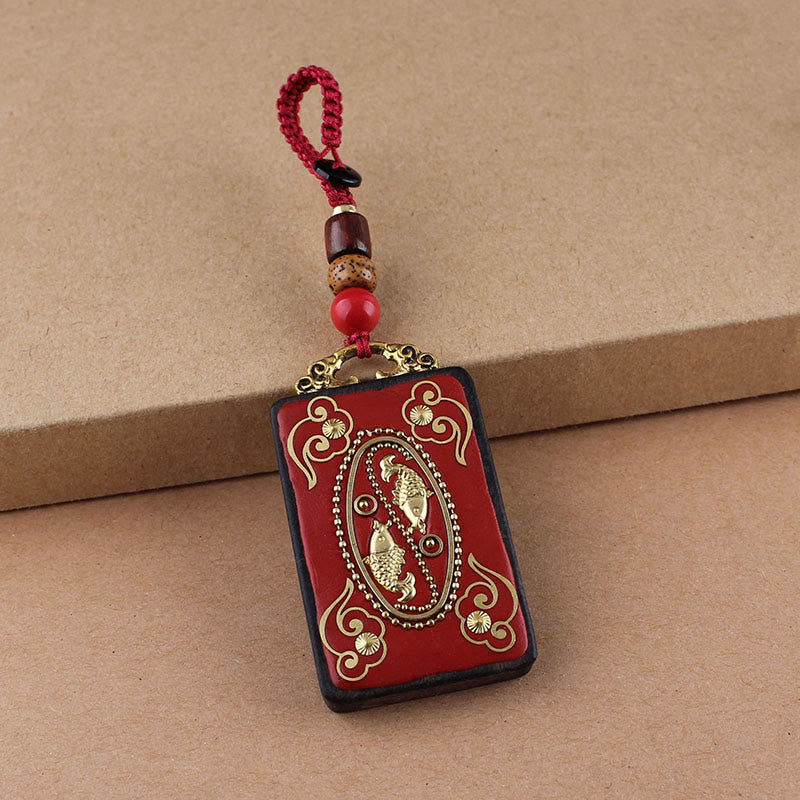 Nimara Ritual Ebony Flower Koi Fish Fu Character Button Rope Key Chain