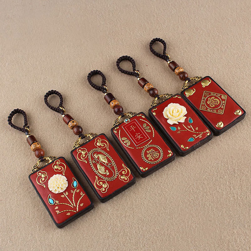 Nimara Ritual Ebony Flower Koi Fish Fu Character Button Rope Key Chain