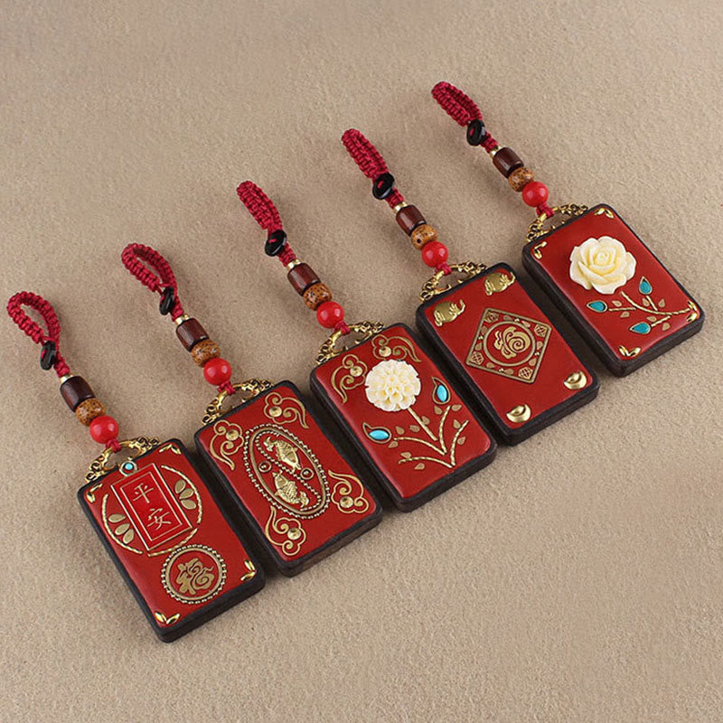 Nimara Ritual Ebony Flower Koi Fish Fu Character Button Rope Key Chain