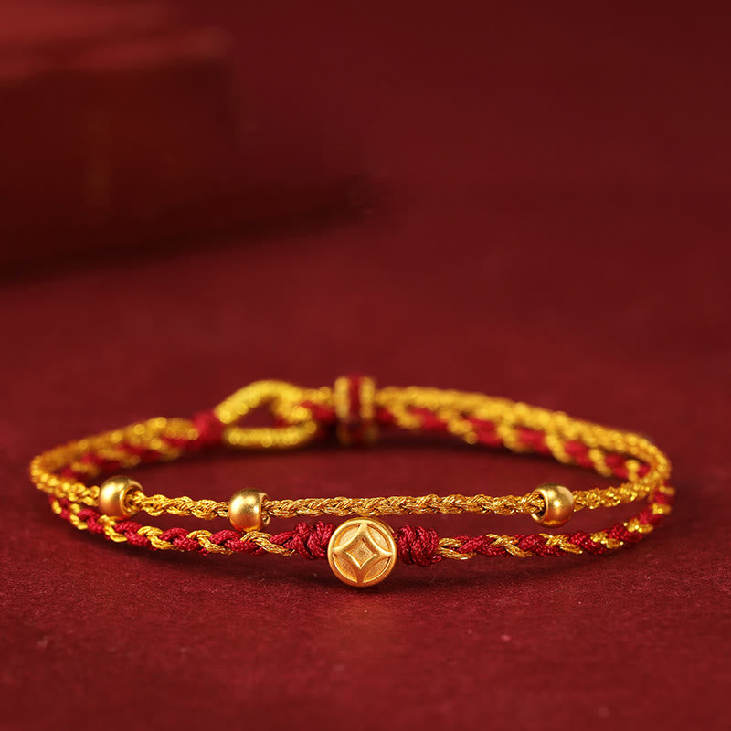 Nimara Ritual 999 Gold Beads Copper Coin Double Wrap Golden Red String Connection Braided Bracelet