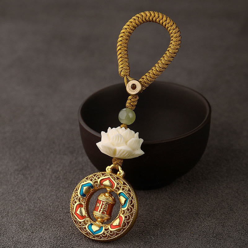 Nimara Ritual Bodhi Seed Lotus Hetian Jade Bead Copper Rotatable Peace Key Chain