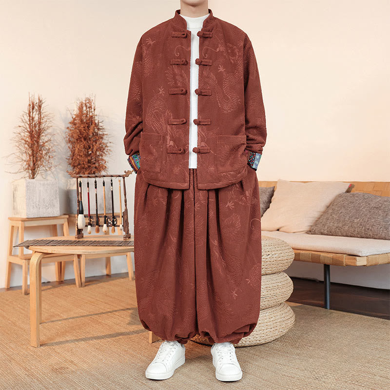 Nimara Ritual 2Pcs Fall Winter Men's Tang Suit Dragon Frog-Button Cotton Long Sleeve Jacket Pants Set