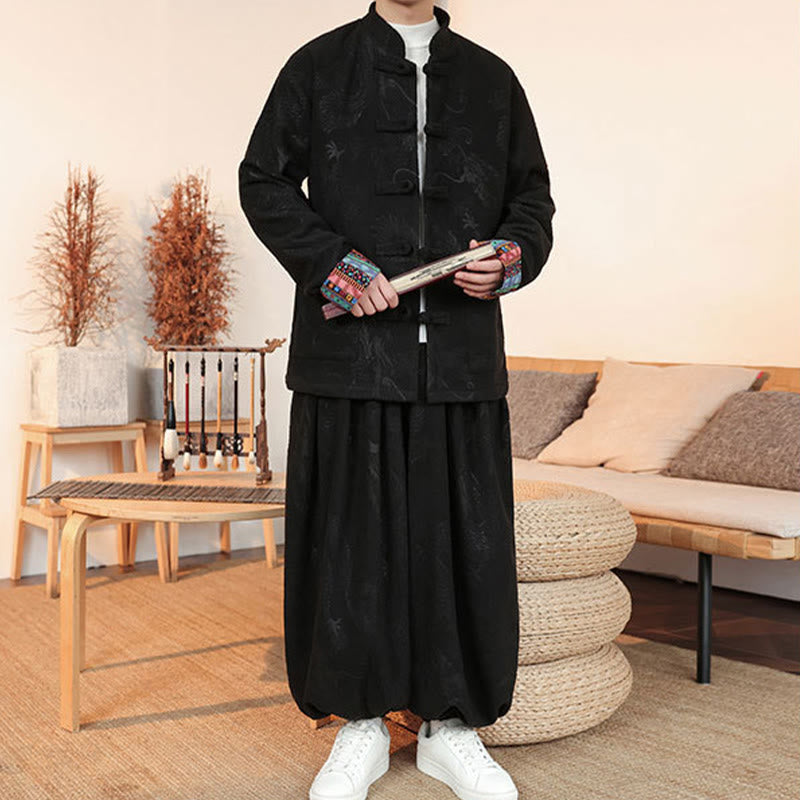 Nimara Ritual 2Pcs Fall Winter Men's Tang Suit Dragon Frog-Button Cotton Long Sleeve Jacket Pants Set