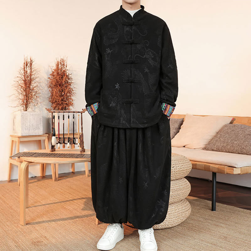 Nimara Ritual 2Pcs Fall Winter Men's Tang Suit Dragon Frog-Button Cotton Long Sleeve Jacket Pants Set
