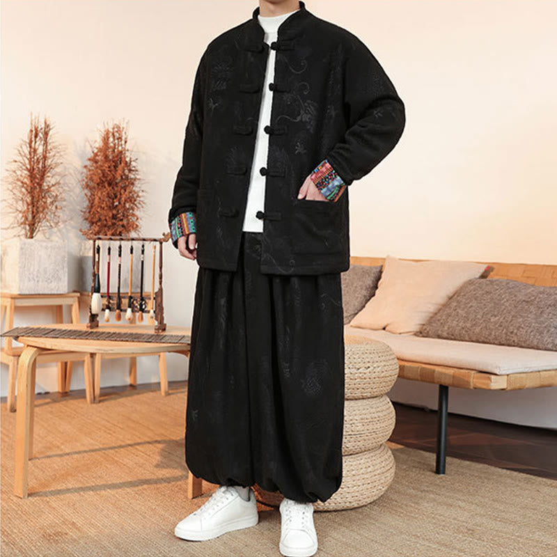 Nimara Ritual 2Pcs Fall Winter Men's Tang Suit Dragon Frog-Button Cotton Long Sleeve Jacket Pants Set