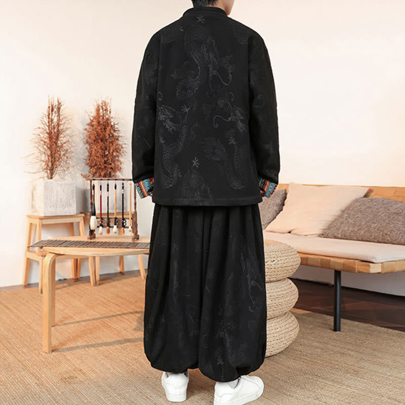 Nimara Ritual 2Pcs Fall Winter Men's Tang Suit Dragon Frog-Button Cotton Long Sleeve Jacket Pants Set