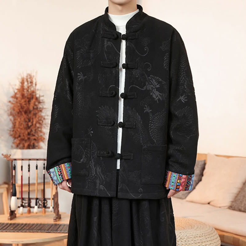 Nimara Ritual 2Pcs Fall Winter Men's Tang Suit Dragon Frog-Button Cotton Long Sleeve Jacket Pants Set
