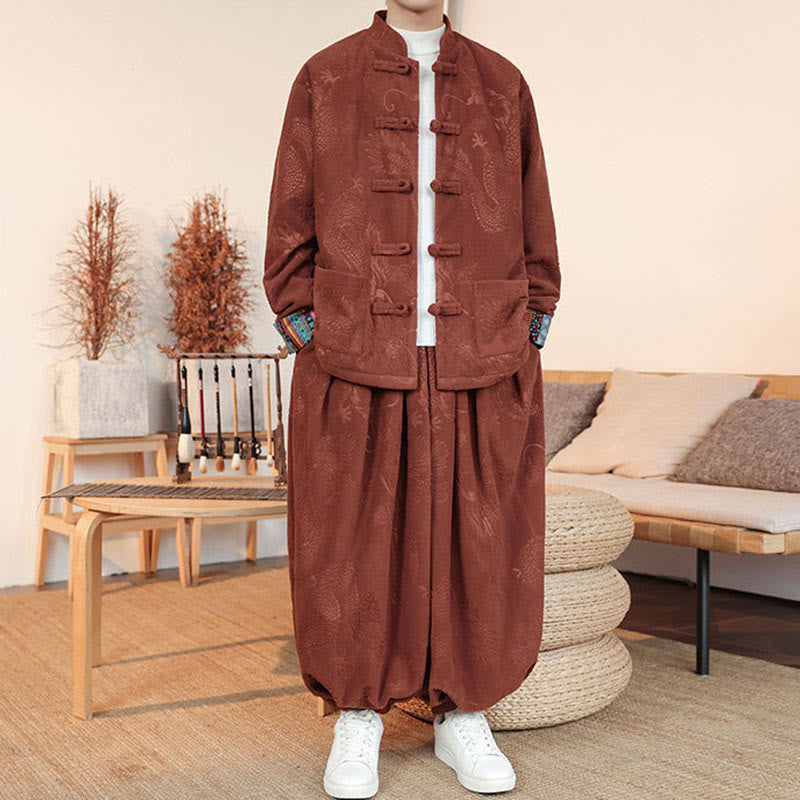 Nimara Ritual 2Pcs Fall Winter Men's Tang Suit Dragon Frog-Button Cotton Long Sleeve Jacket Pants Set